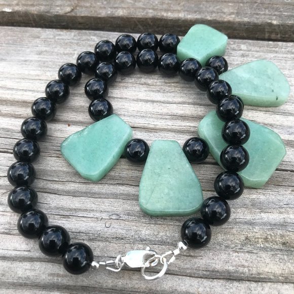 Genuine Natural Jade Nephrite Black Onyx Cleopatra Necklace Sterling Silver 925 - Picture 4 of 13